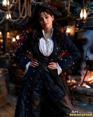 Hands on her hips, a woman in a dark pirate coat stands inside a warm ship cabin