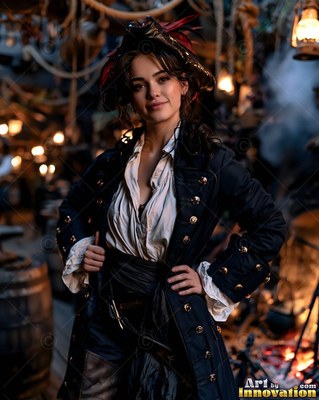 A cheerful woman is dressed in a black pirate coat and hat on a dim wooden ship deck