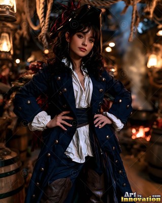 On a dark wooden ship deck, a woman stands in a blue pirate coat