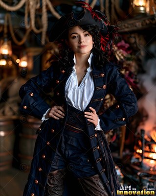 Posing with hands on hips, a woman wears a navy pirate coat and a tricorn hat
