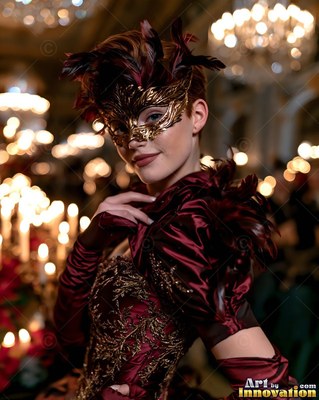 Woman in a gold mask and maroon dress at a ballroom party