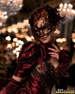 A woman stands in a feather mask and dark red dress beside blurred yellow lights