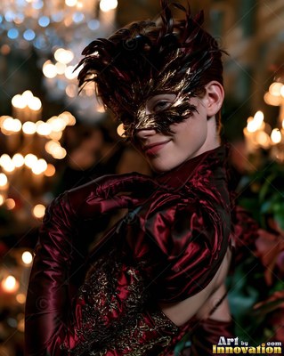 Glancing over her shoulder in a dark ballroom, a woman wears a feathered mask
