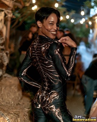A grinning woman looks back in a black skeleton bodysuit under warm party lights