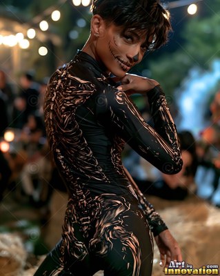Looking over her shoulder, a cheerful woman is dressed in a skeleton bodysuit at night