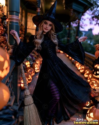 Pointed black hat on a blonde woman in a witch dress beside carved pumpkins on a porch walkway