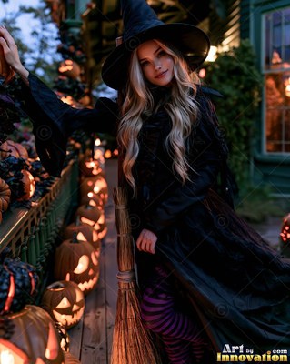 A woman dressed as a witch holds a broom beside carved pumpkins in warm porch light