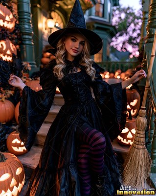 Standing on porch steps, a woman in a black witch dress poses by pumpkins