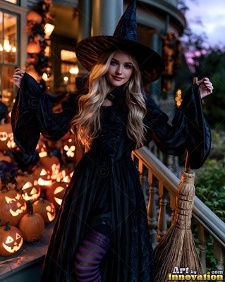 A smiling woman dressed as a witch in a black gown holds a broom on a porch with jack-o'-lanterns