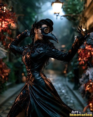 A woman poses in a black plague doctor costume under a warm street lamp