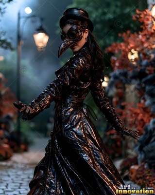 Turned in a cobblestone lane, a woman wears a black plague doctor mask and coat