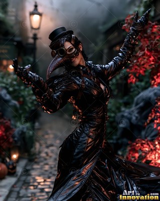 A woman strikes a pose in a black plague doctor costume on a cobblestone street