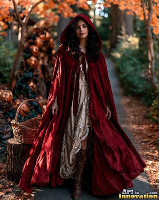 Walking down a wooded path, a woman models a long red hooded cloak and lace dress