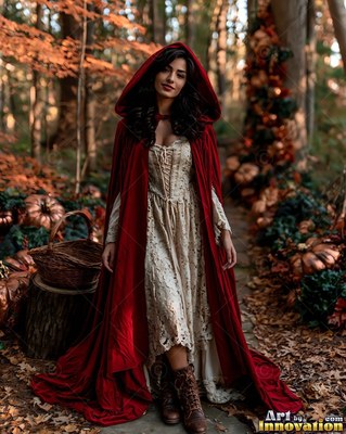 Woman wearing a hooded red cape in an autumn forest
