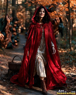 A hooded red velvet cape covers a woman walking through an autumn forest path beside a basket