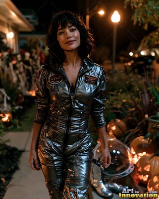 A woman in a metallic astronaut jumpsuit walks outdoors under warm street lamps