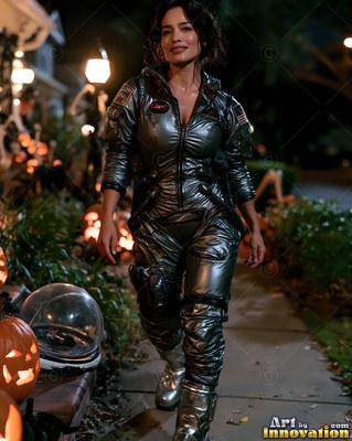 Walking forward along a sidewalk, a woman smiles in a silver spacesuit