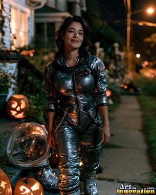 A woman in a shiny silver astronaut suit walks along a sidewalk at night