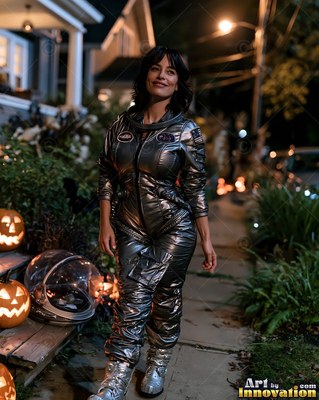 On a nighttime suburban sidewalk, a woman smiles in a shiny silver spacesuit