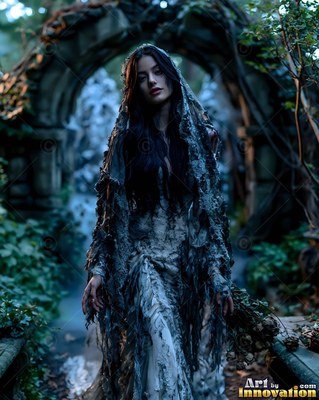 Walking under a stone arch, a woman wears a tattered gray veil and dress