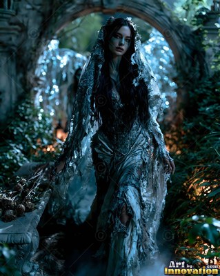 A woman in a tattered gray bride dress walks under a stone arch