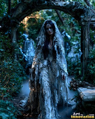 Tattered veil draped over a woman in a zombie bride gown under a stone garden arch
