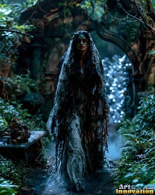 A woman dressed as a zombie bride walks along a stone path lit by cool blue light