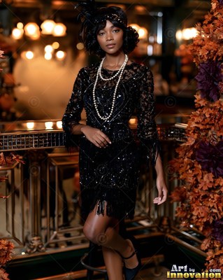 Standing by a brass railing, a woman has on a black beaded flapper dress