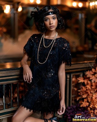 A woman stands in a black flapper dress, beaded headband, and pearls by a bar