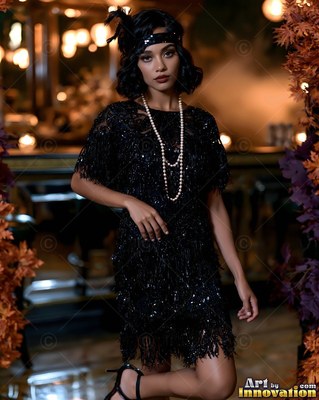 In a dimly lit lounge, a woman poses in a black flapper dress and pearls
