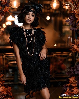 Posing in a dark flapper costume, a woman stands in pearls and a feather headband