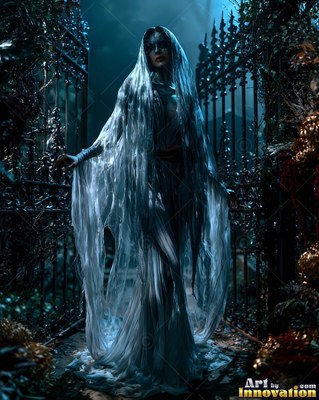 Woman in a ragged ghost gown stands by an iron gate