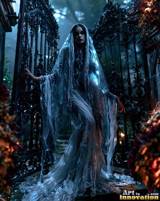 Tattered blue veils drape over a ghostly woman standing before a tall cemetery gate