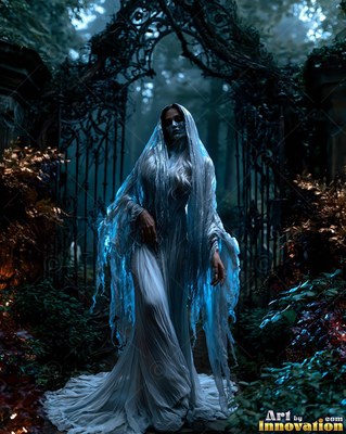 A woman walks in a tattered blue gown by an iron gate in dim moonlight