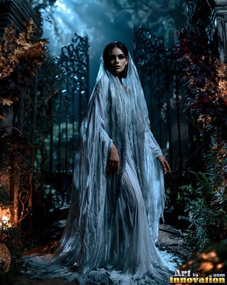 Standing before dark cemetery gates, a woman has on a tattered blue veil and gown