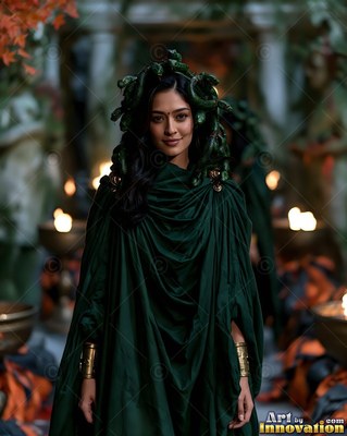 A happy woman in a dark green cloak wears a Medusa snake headpiece in dim light