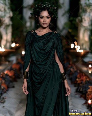 In a dim hall, a woman poses as Medusa wearing a dark green draped gown