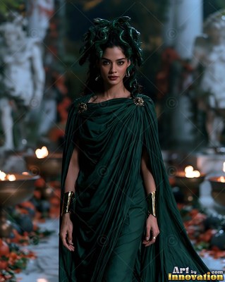 Walking forward, a woman in a green Medusa costume wears snake headwear
