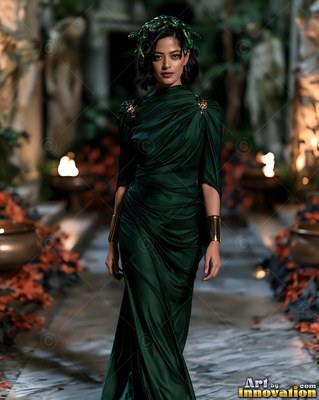 Woman in a dark green dress wearing a snake headpiece