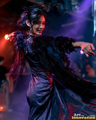 Black feathered sleeves spread wide as a woman in a dark dress dances under purple club lights
