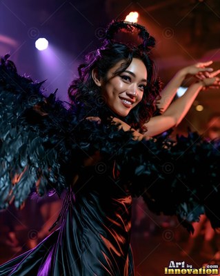 Turned to the side on a dark dance floor, a cheerful woman models black angel wings