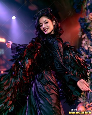 A grinning woman in a black dress with feather wings spreads her arms on stage