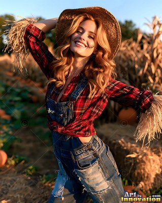 Smiling in a straw hat, a woman in overalls poses as a scarecrow in a pumpkin patch