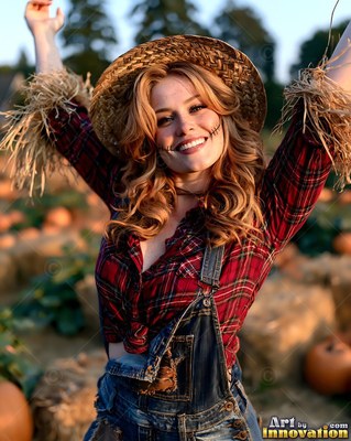 Woman in a scarecrow costume raises her arms in a pumpkin patch
