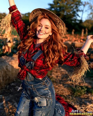 Straw tucked into her plaid shirt cuffs, a smiling woman kneels in a sunny pumpkin patch