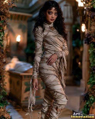 A woman poses in a wrapped mummy costume beside soft torchlight in a tomb