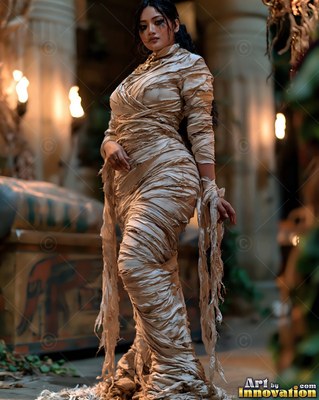 Standing tall in a stone tomb, a woman wears a tan mummy dress of wrapped bandages