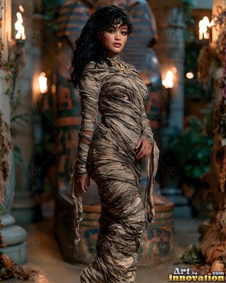 In a torchlit tomb, a woman stands dressed in brown mummy bandages