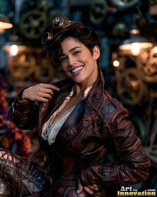 Smiling warmly, a woman models goggles and a brown leather jacket before brass gears