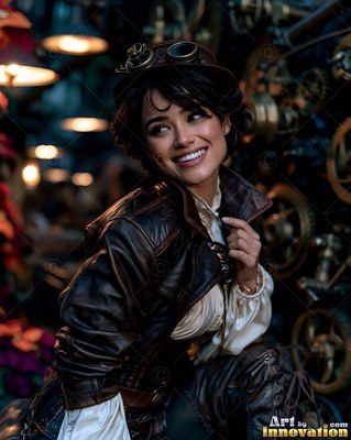 Smiling woman wearing a brown leather jacket and goggles